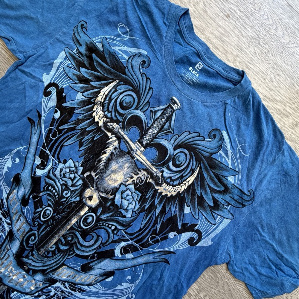 CJ Black Y2K Sword Skull Wings Graphic T Shirt Mens XL Blue Double Sided